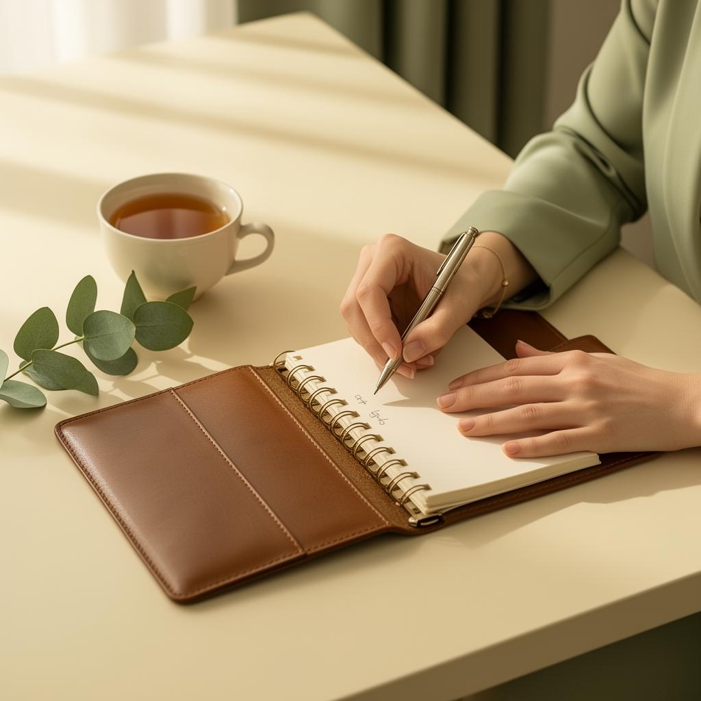 Hands writing in a leather planner with tea and eucalyptus